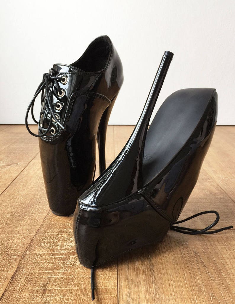 CHAPLIN A Ballet Stiletto Fetish Below Ankle Booties Oxford Pointe Black Patent