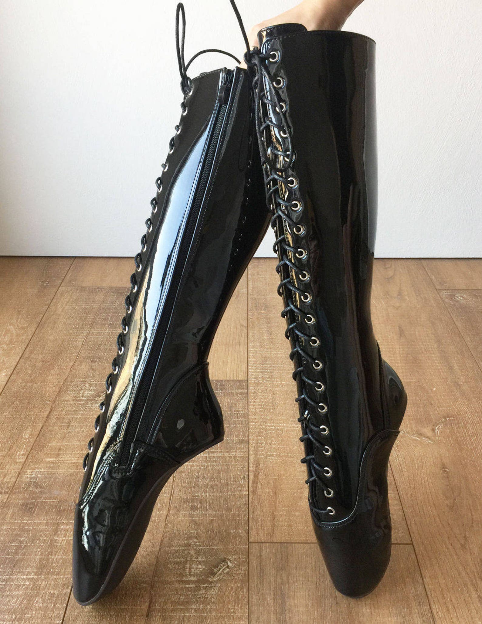 pointe (w/ zip) heelless lace up knee high ballet fetish pain boots black patent pointe (w/ zip) heelless lace up knee high ballet fetish pain boots black patent