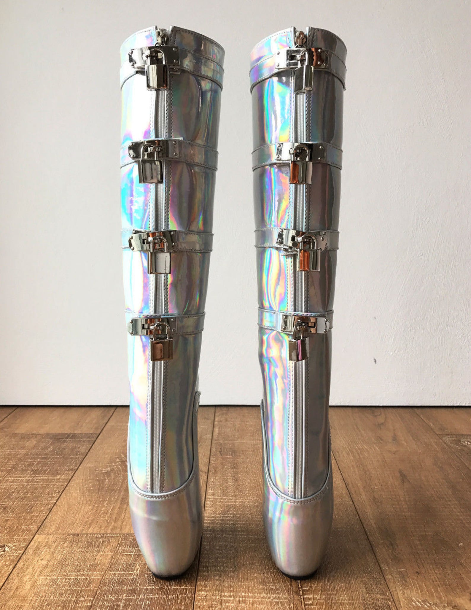 18cm diva lockable beginner ballet wedge boots hoof heelless fetish holographic