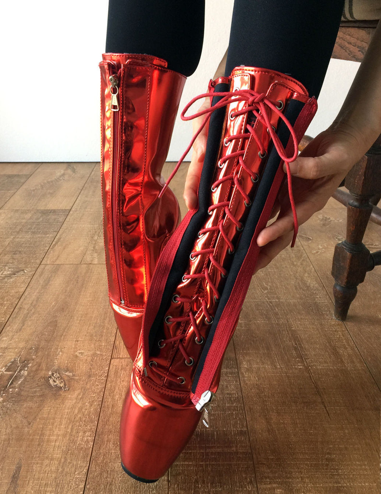 rtbu keep lockable zip ballet wedge fetish hoof boots heelless metallic red