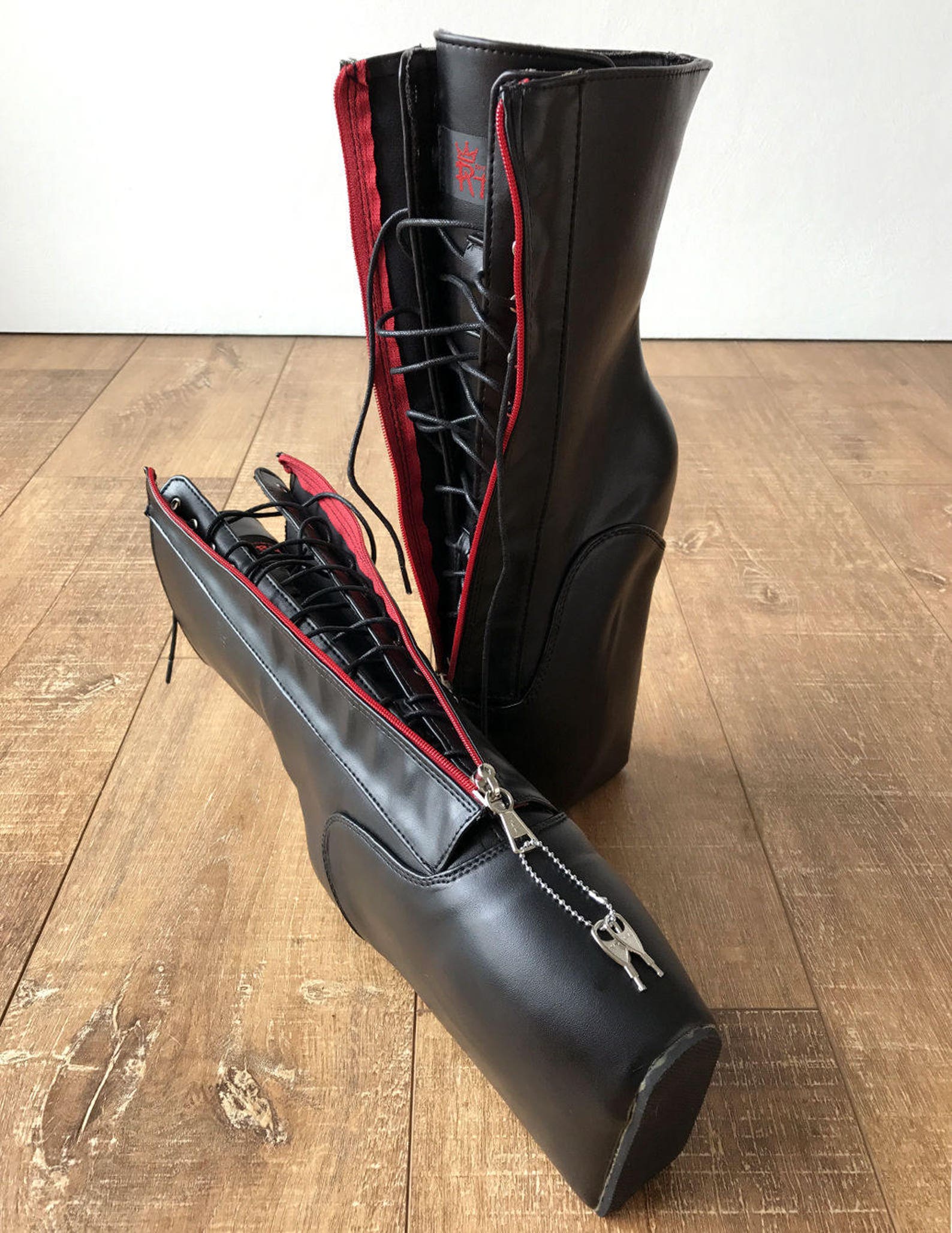 rtbu taboo red lockable zip ballet wedge hidden lace fetish hoof submissive boot