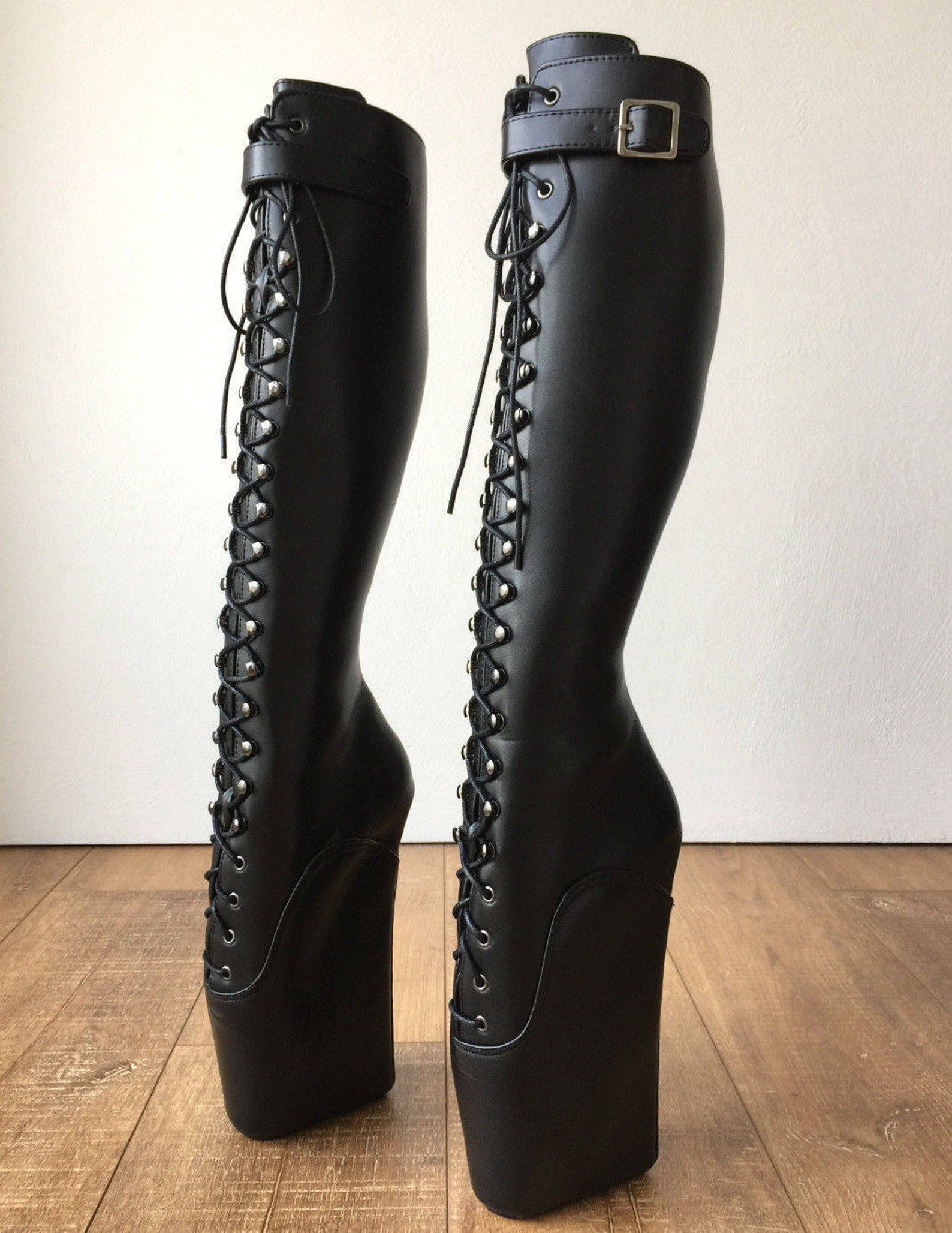 rtbu jason ballet wedge laceup knee hi boots hoof strap fetish dominatrix black