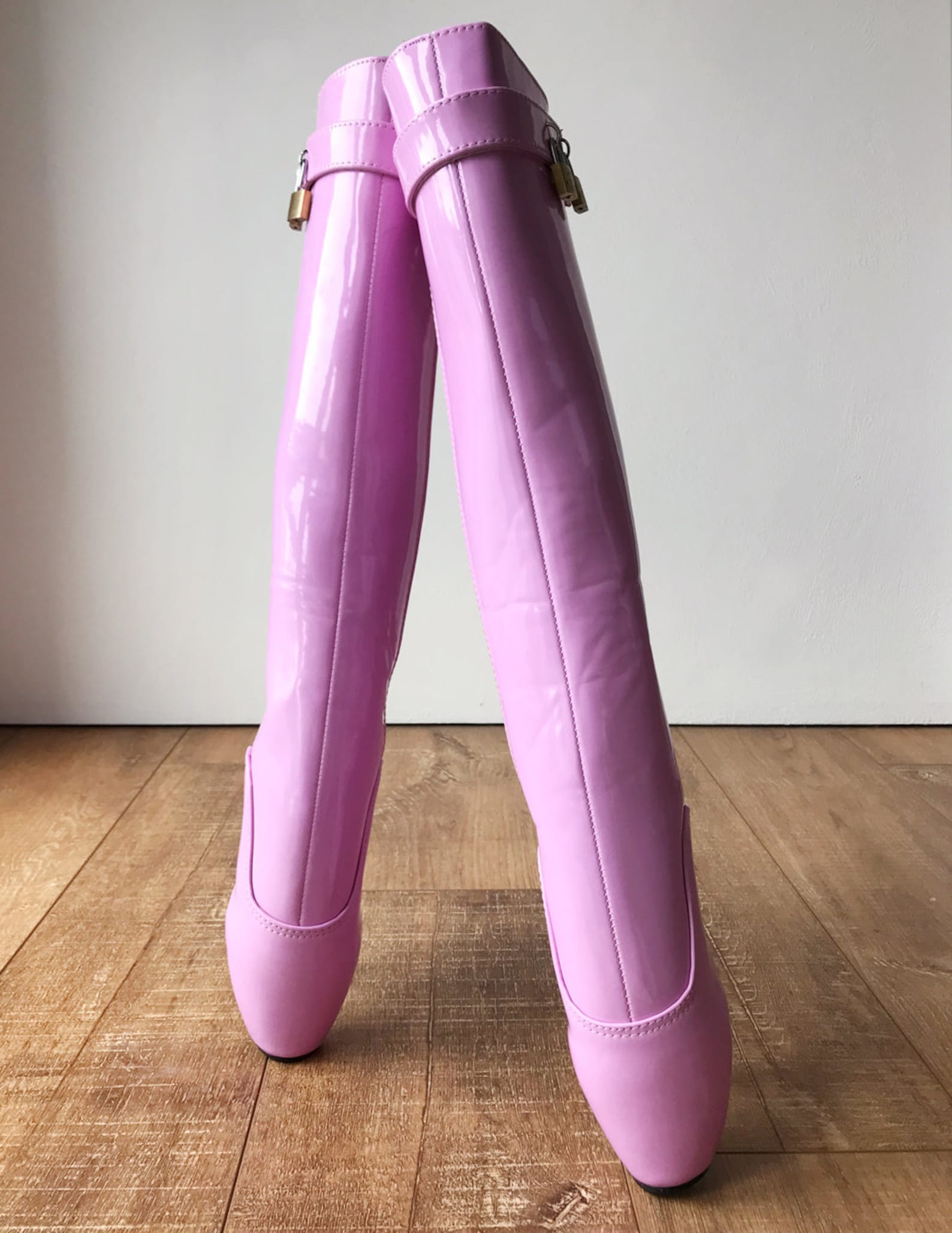 rtbu nico lace up knee hi padlock ballet fetish pain boots baby pink