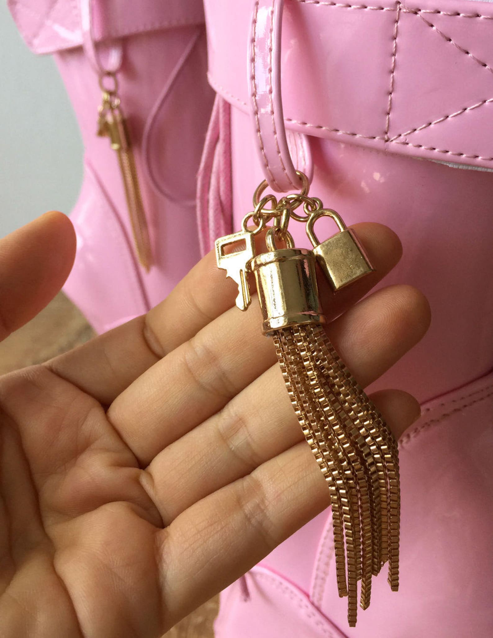 18cm fetish ballet calf hi boot gold metallic tassel charm burlesque patent pink