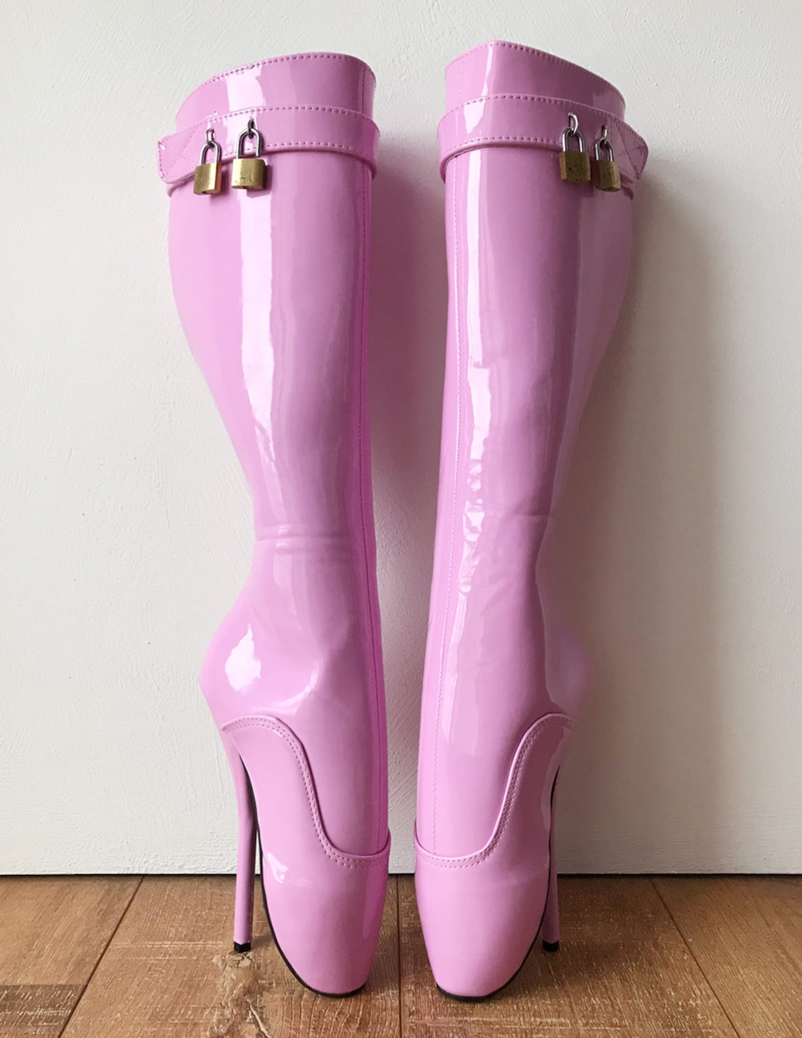 rtbu nico lace up knee hi padlock ballet fetish pain boots baby pink