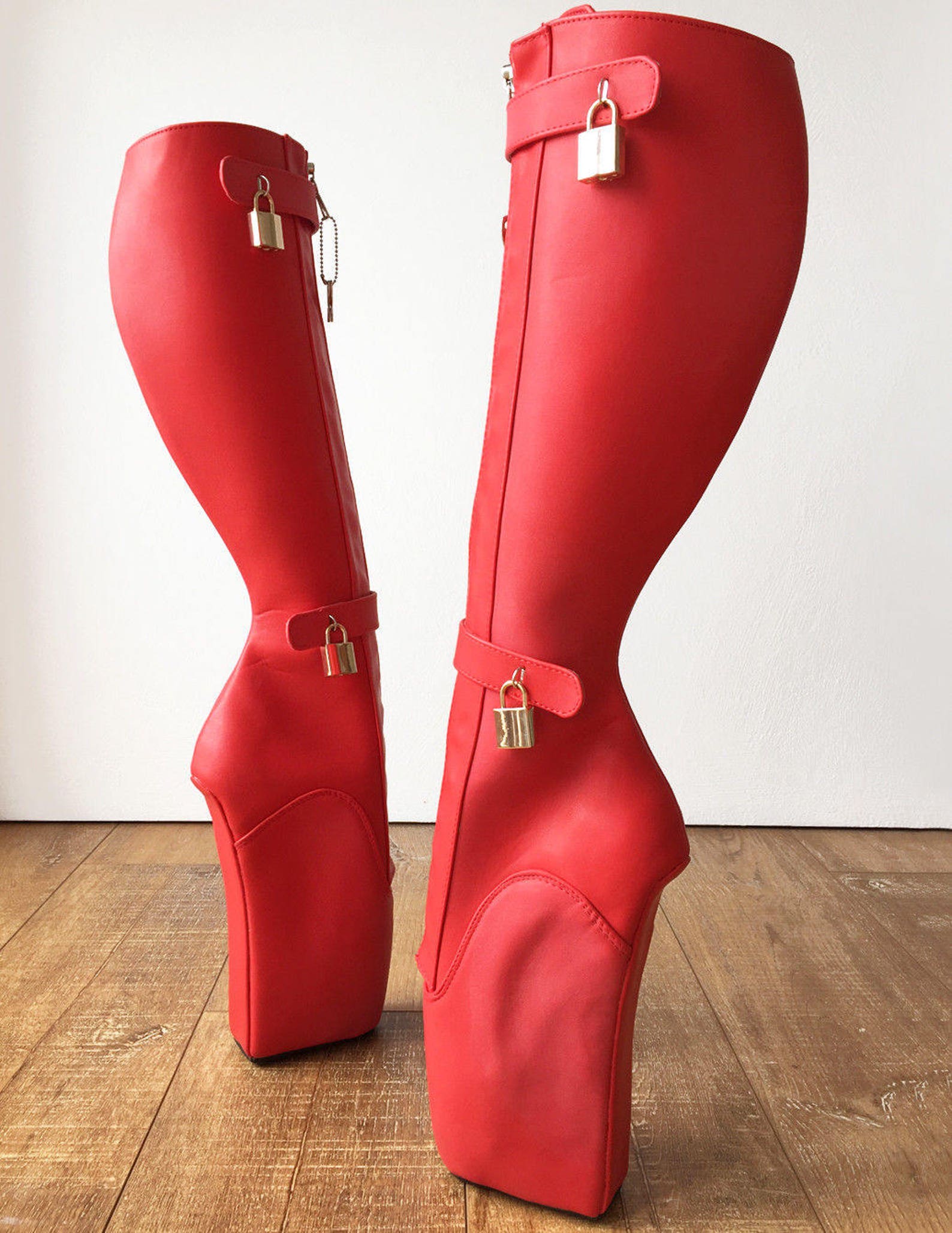 rtbu 6 keys locking zip beginner ballet wedge boots fetish dominatrix red matte