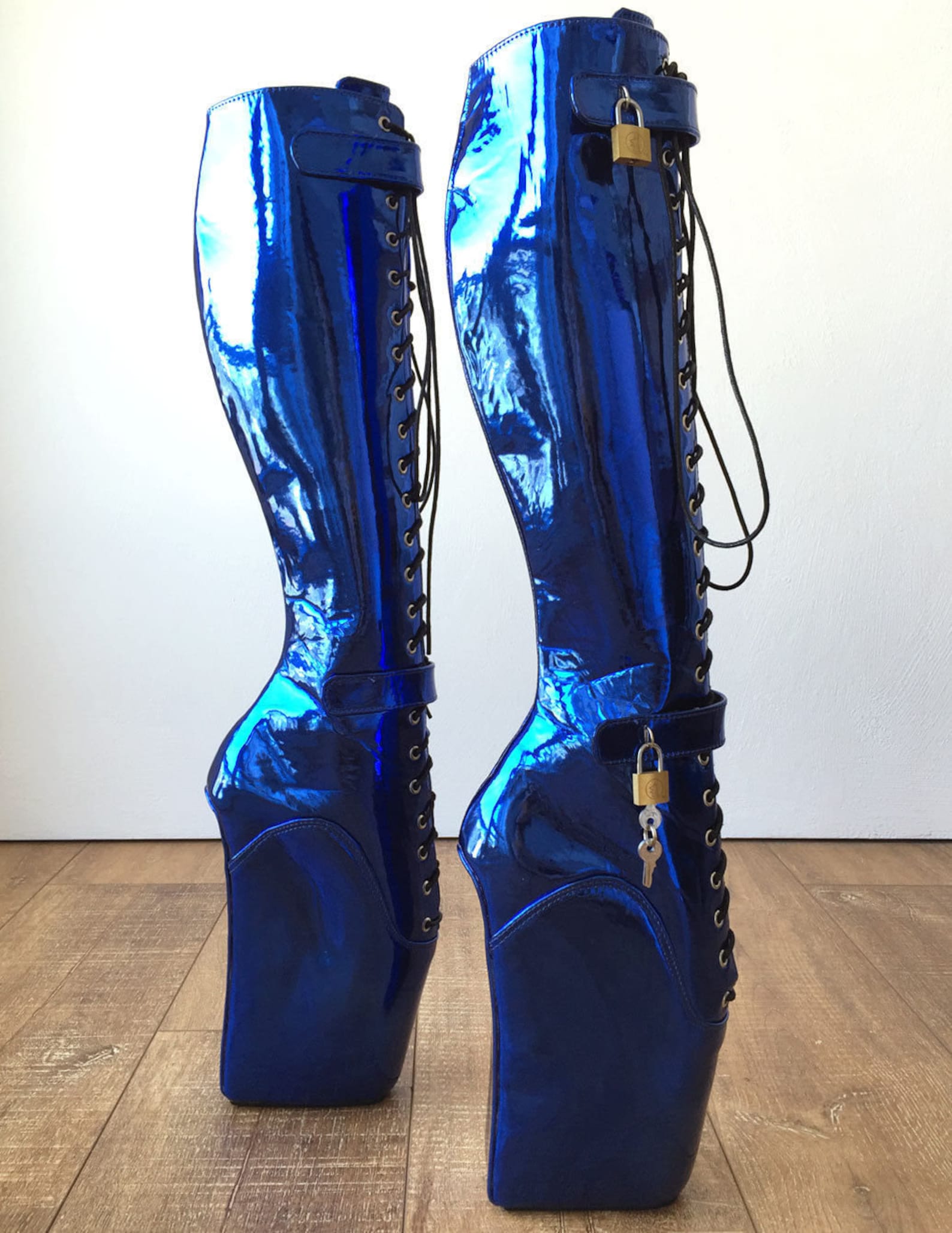 18cm beginner metallic blue heelless fetish punk goth pinup ballet lockable boot