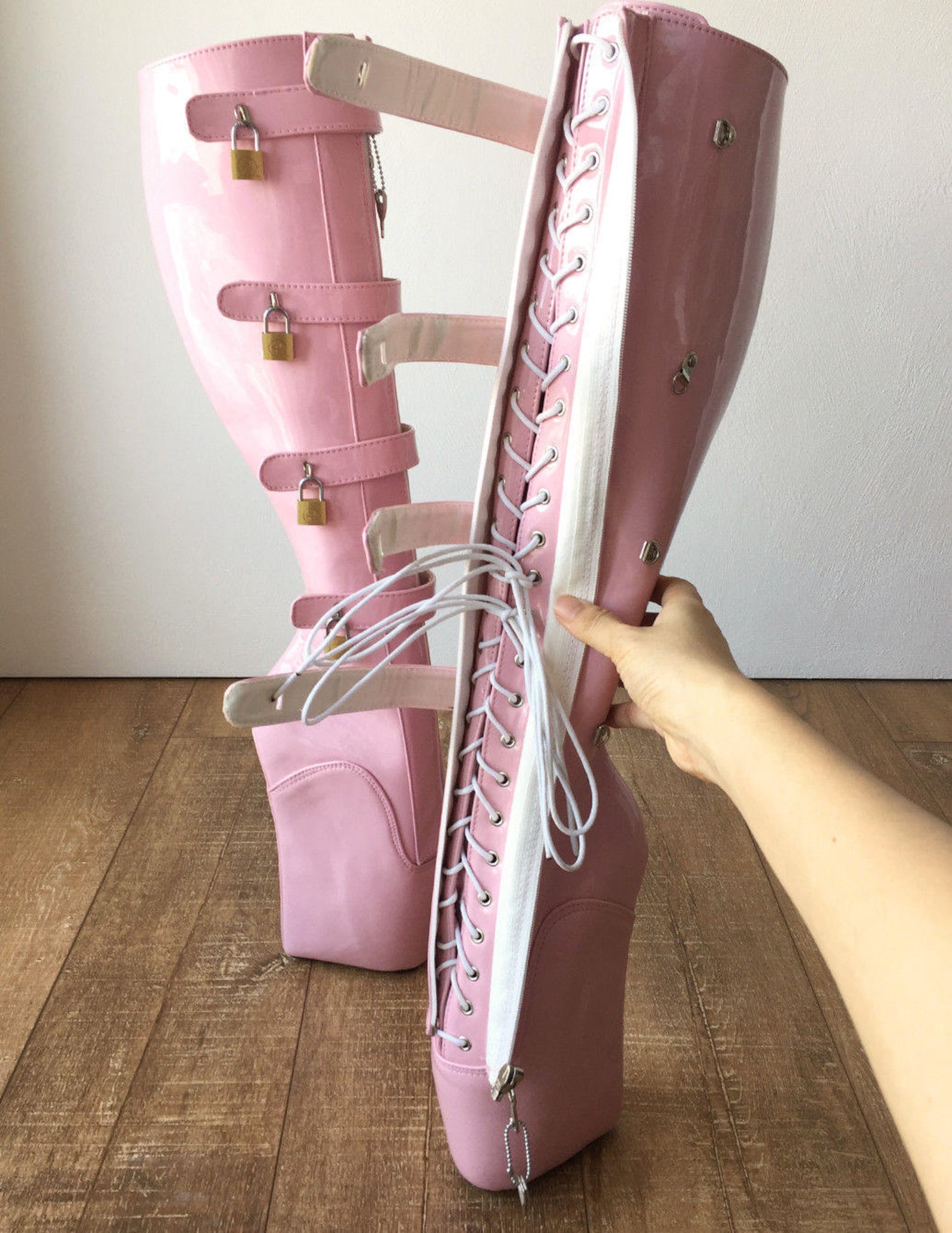 18cm 10 keys lockable beginner ballet wedge boot hoof heelless fetish light pink