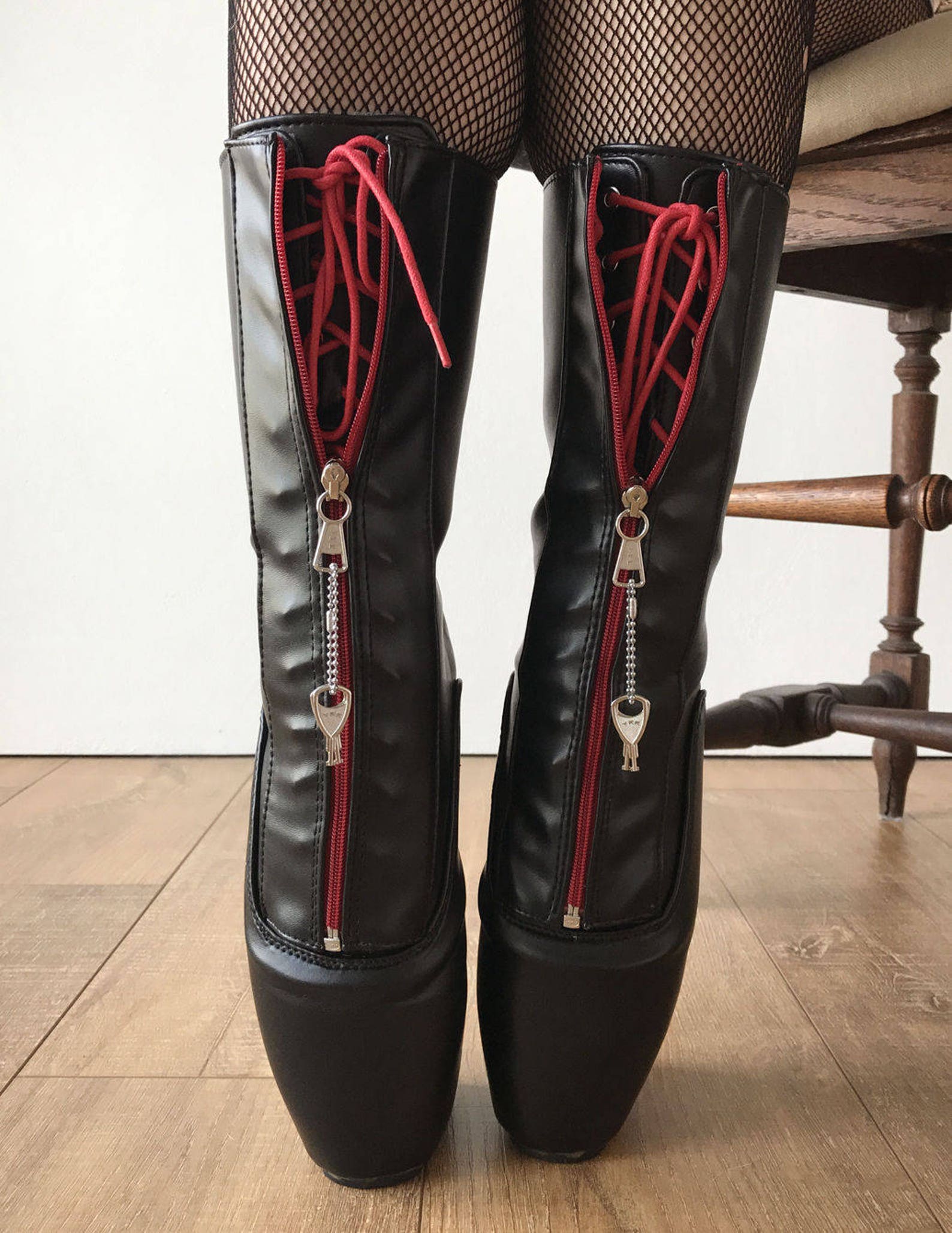 rtbu taboo red lockable zip ballet hidden red lace wedge fetish submissive boot