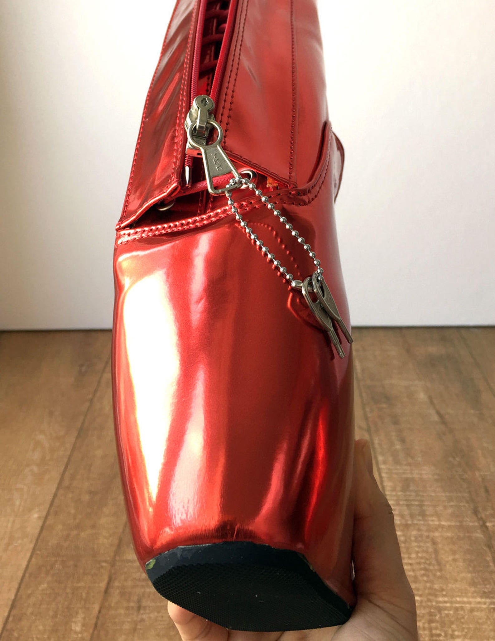 rtbu keep lockable zip ballet wedge fetish hoof boots heelless metallic red