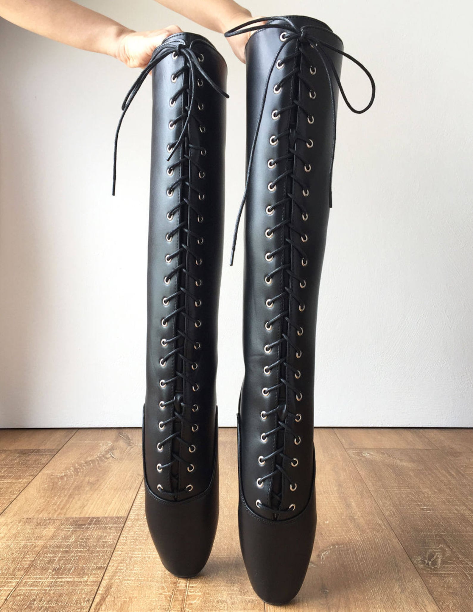 pointe (no zip) heelless lace up knee high ballet fetish pain boots black matte