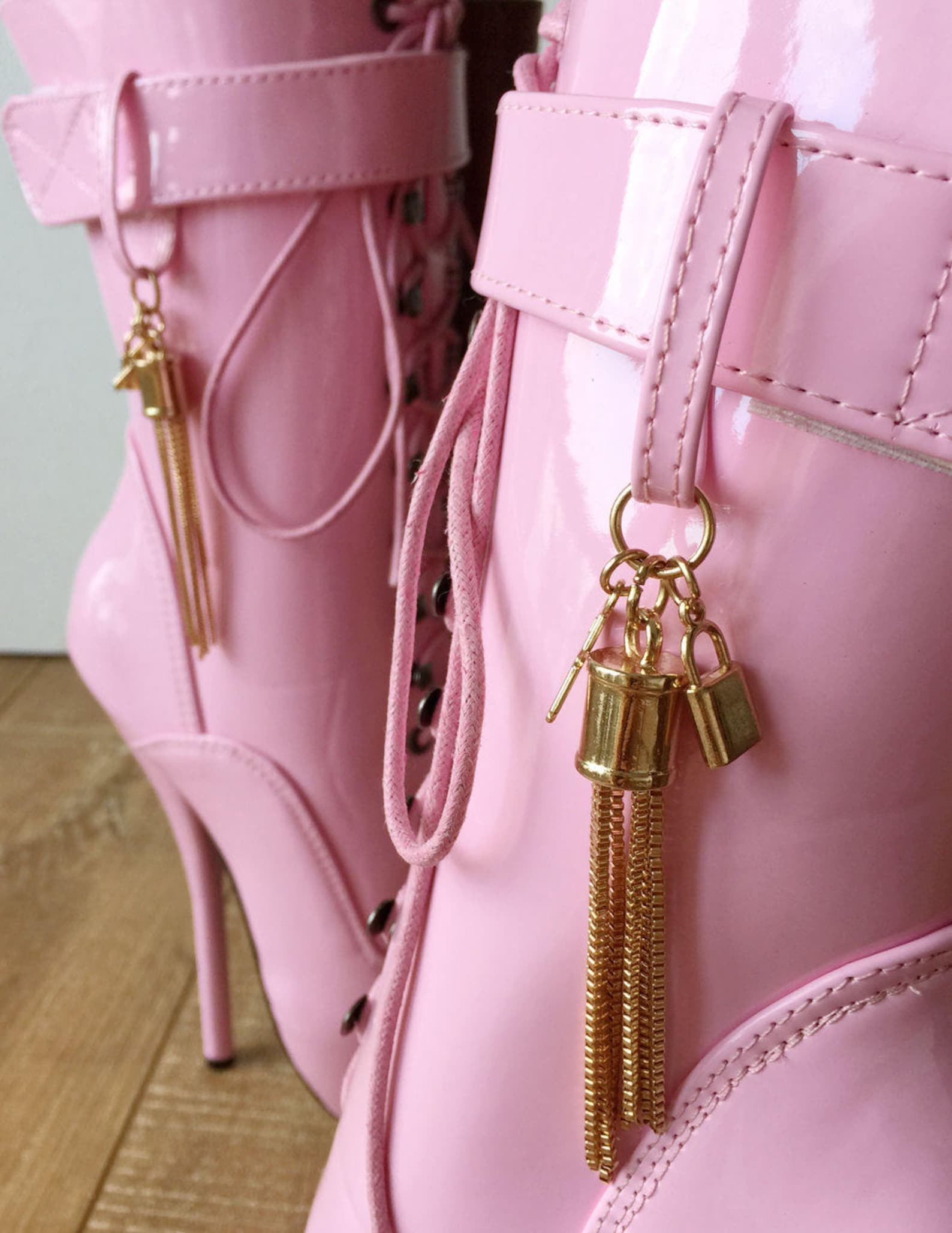 18cm fetish ballet calf hi boot gold metallic tassel charm burlesque patent pink