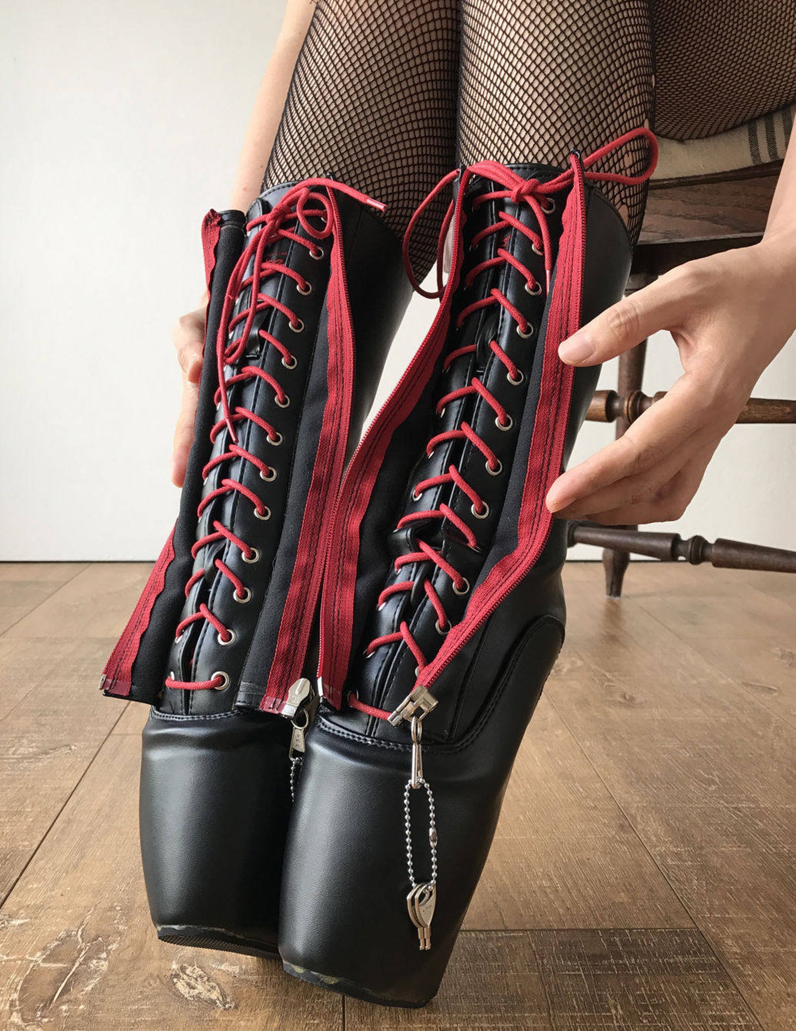 rtbu taboo red lockable zip ballet hidden red lace wedge fetish submissive boot