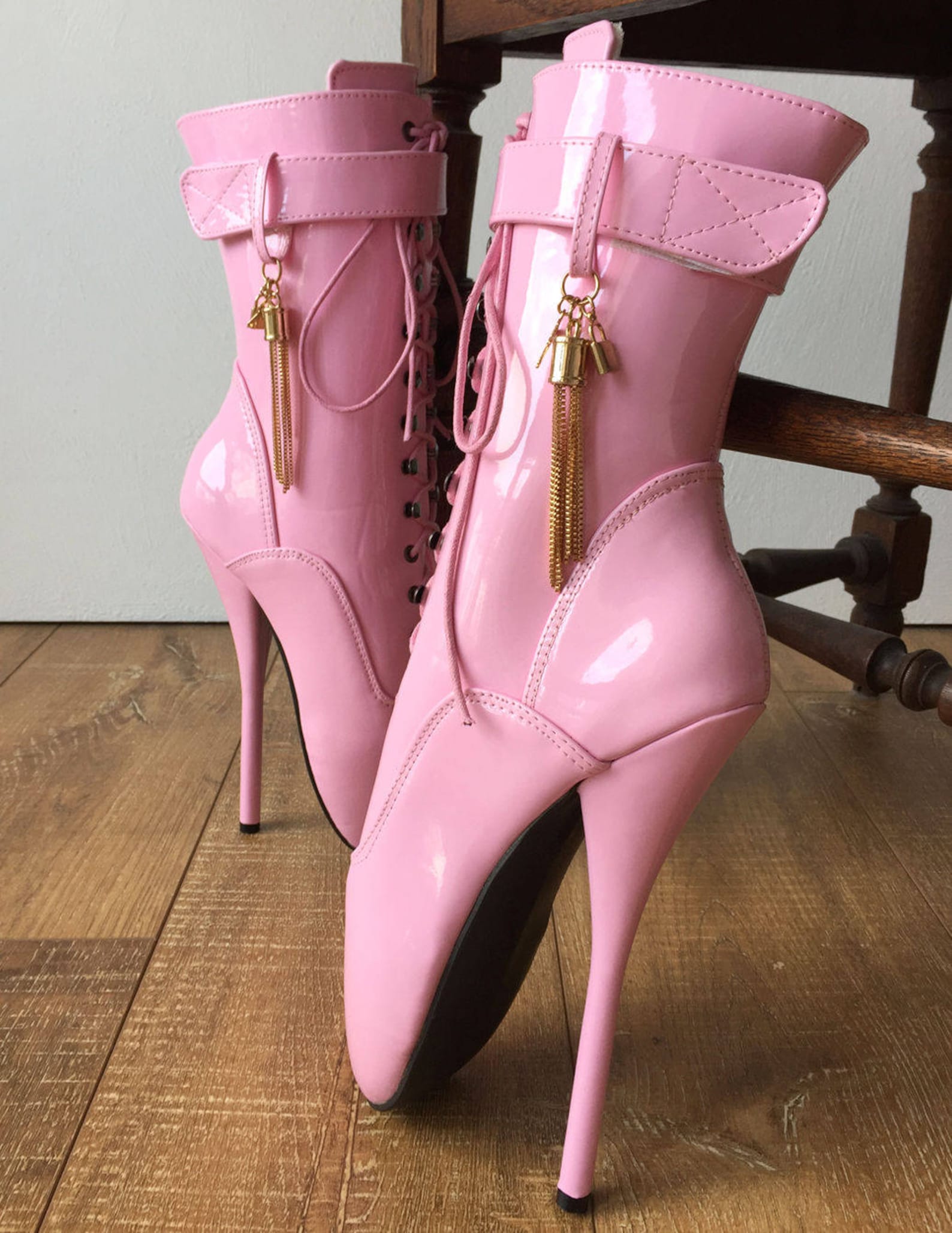 18cm fetish ballet calf hi boot gold metallic tassel charm burlesque patent pink