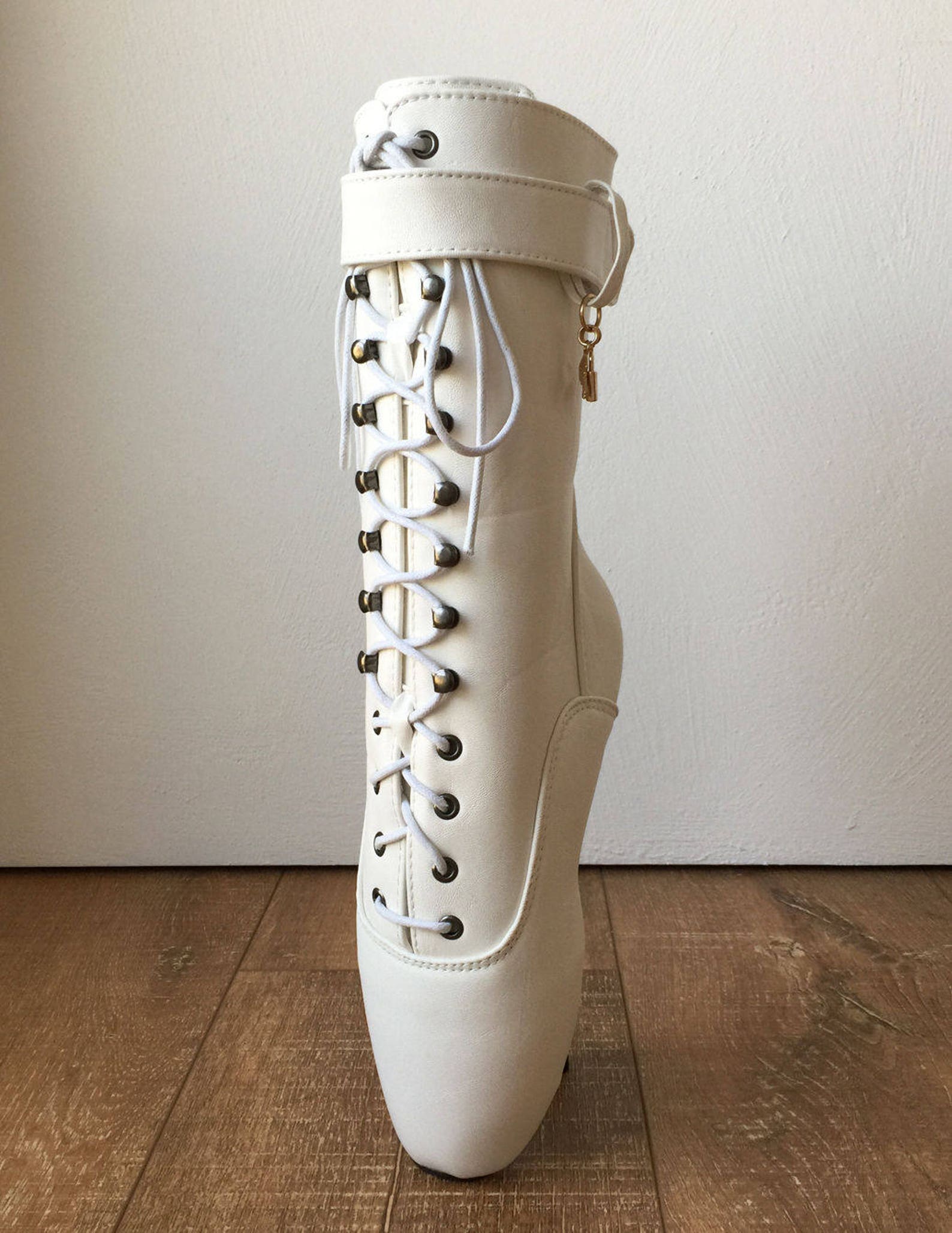 18cm fetish ballet pointe calf hi boot gold charm burlesque angel white matte