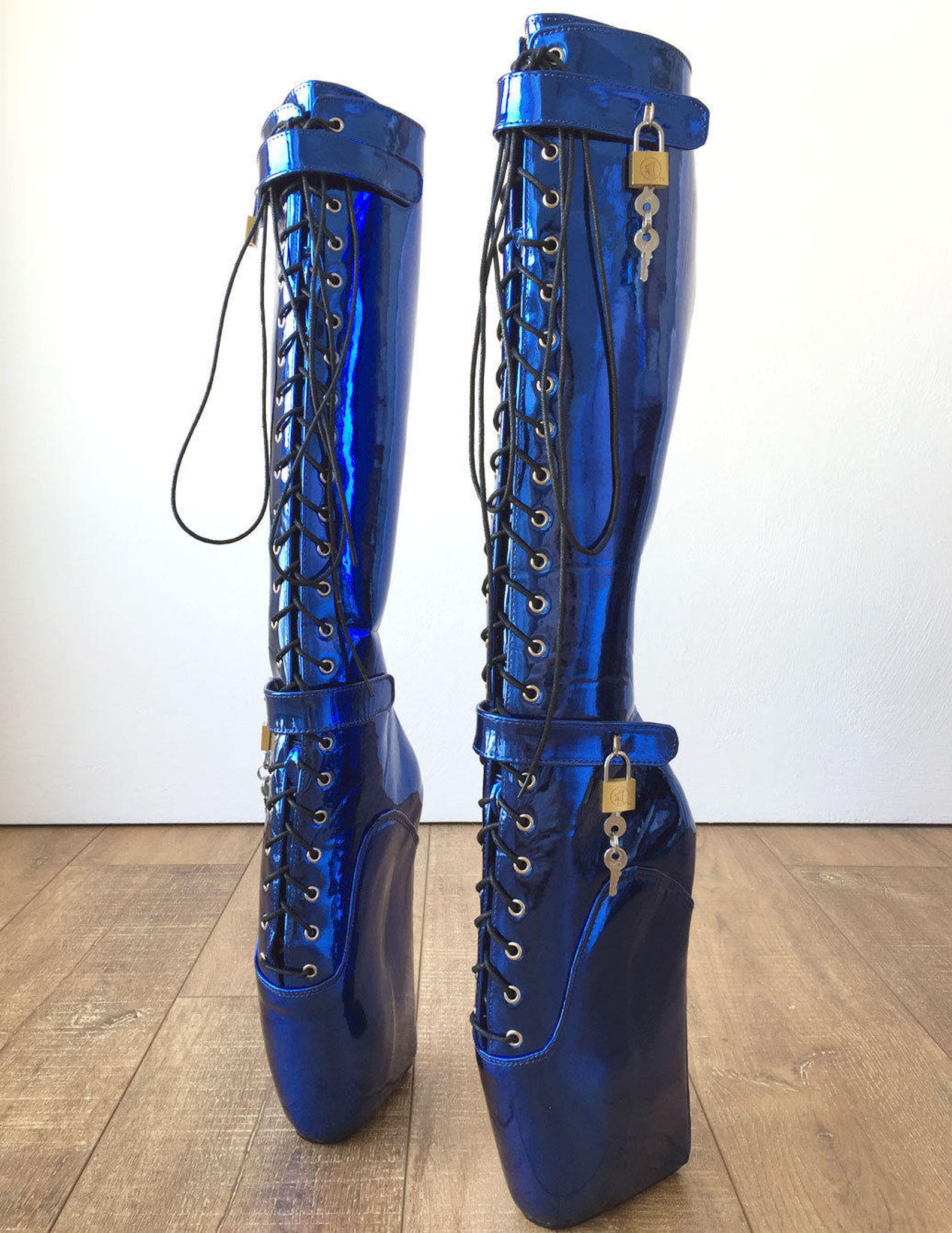 18cm beginner metallic blue heelless fetish punk goth pinup ballet lockable boot