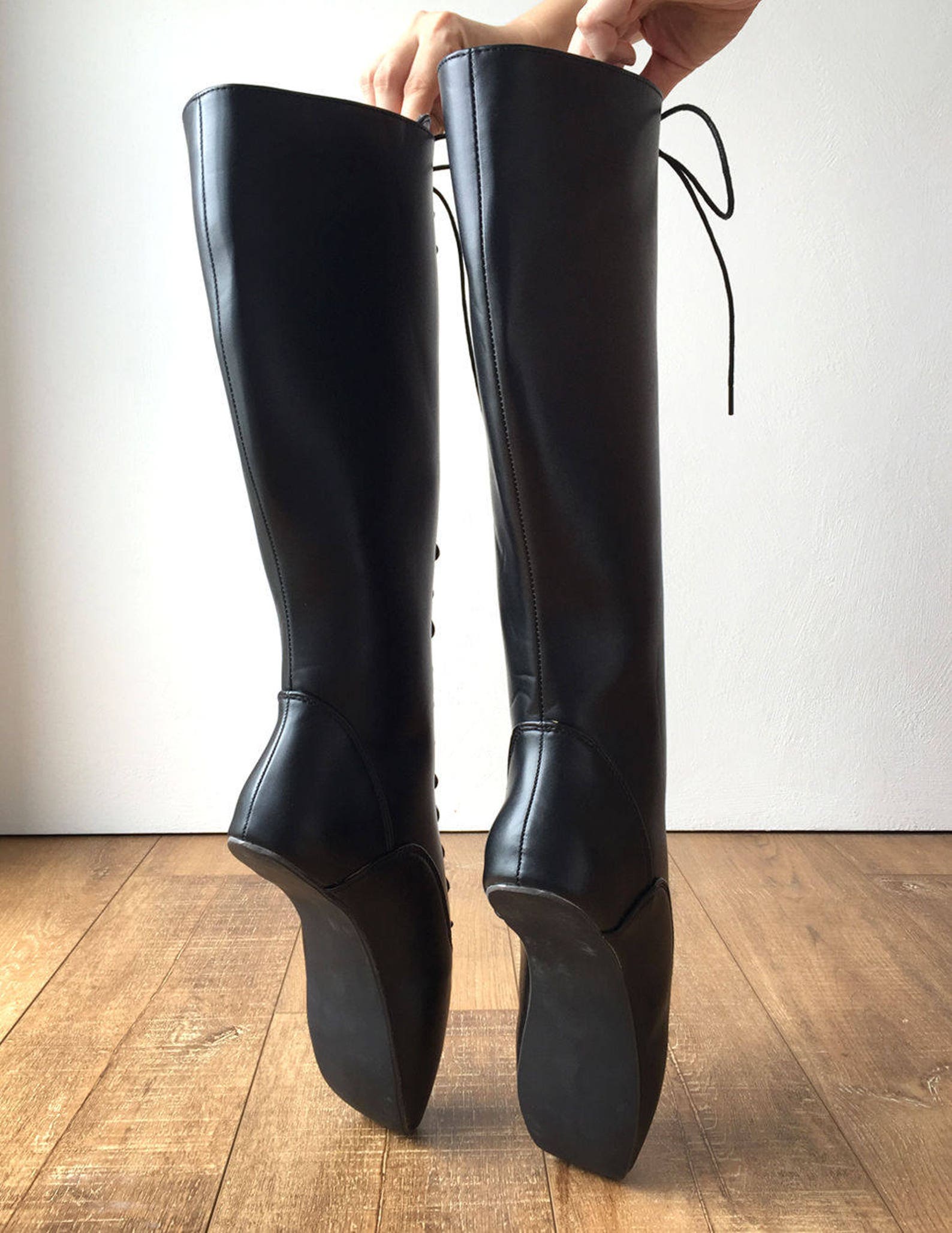 pointe (no zip) heelless lace up knee high ballet fetish pain boots black matte
