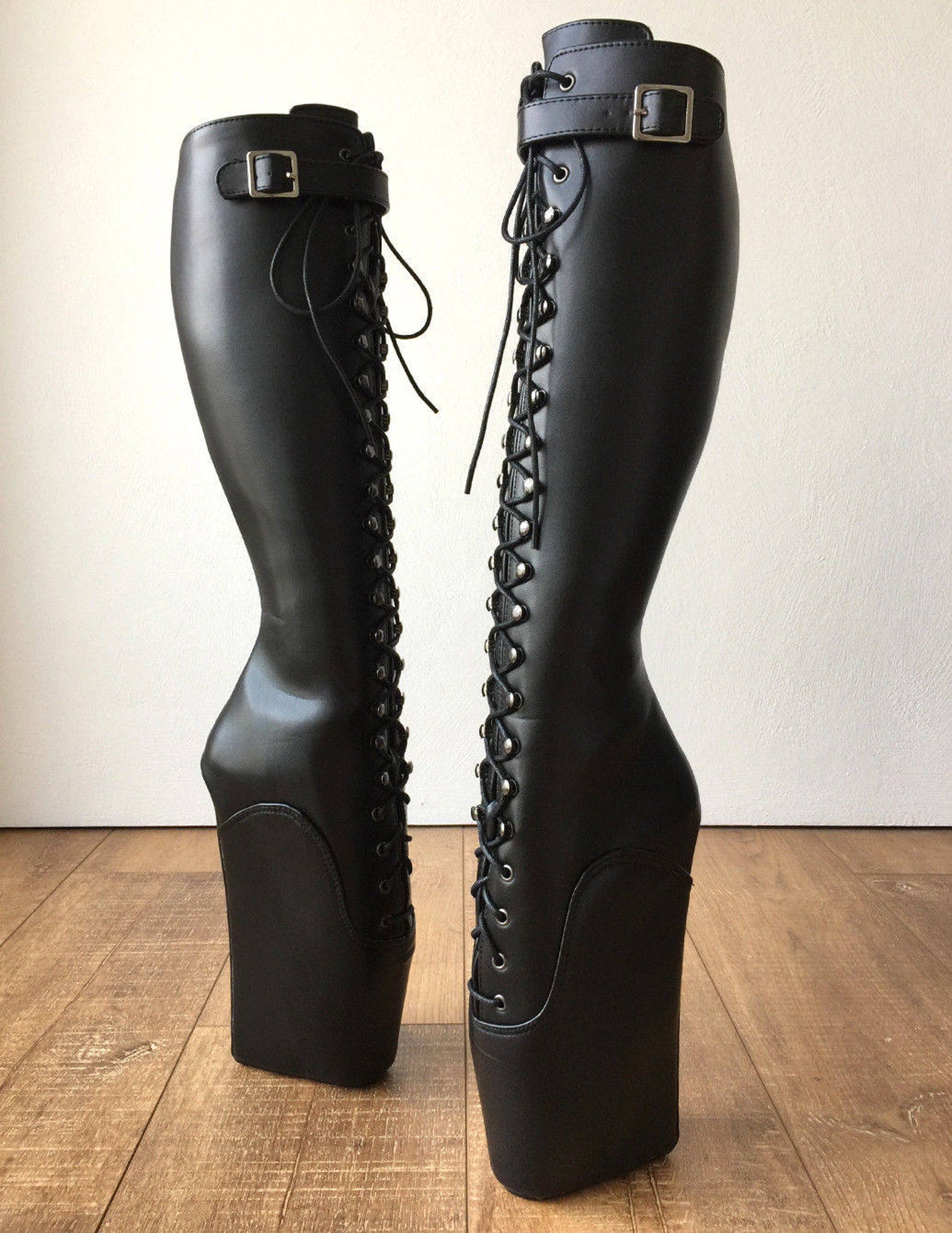 rtbu jason ballet wedge laceup knee hi boots hoof strap fetish dominatrix black