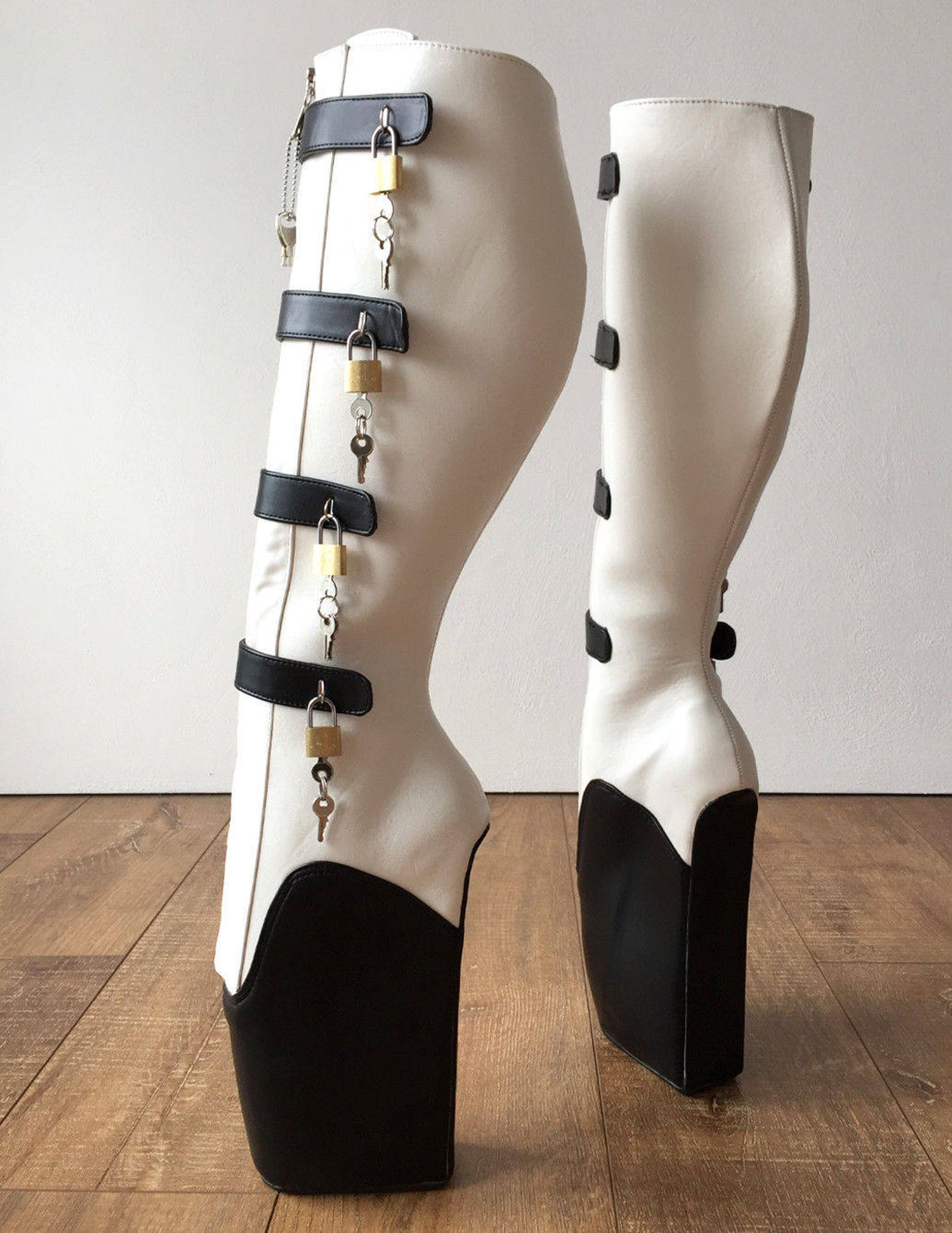 18cm 10 keys lockable beginner ballet wedge boot hoof heelless black white matte