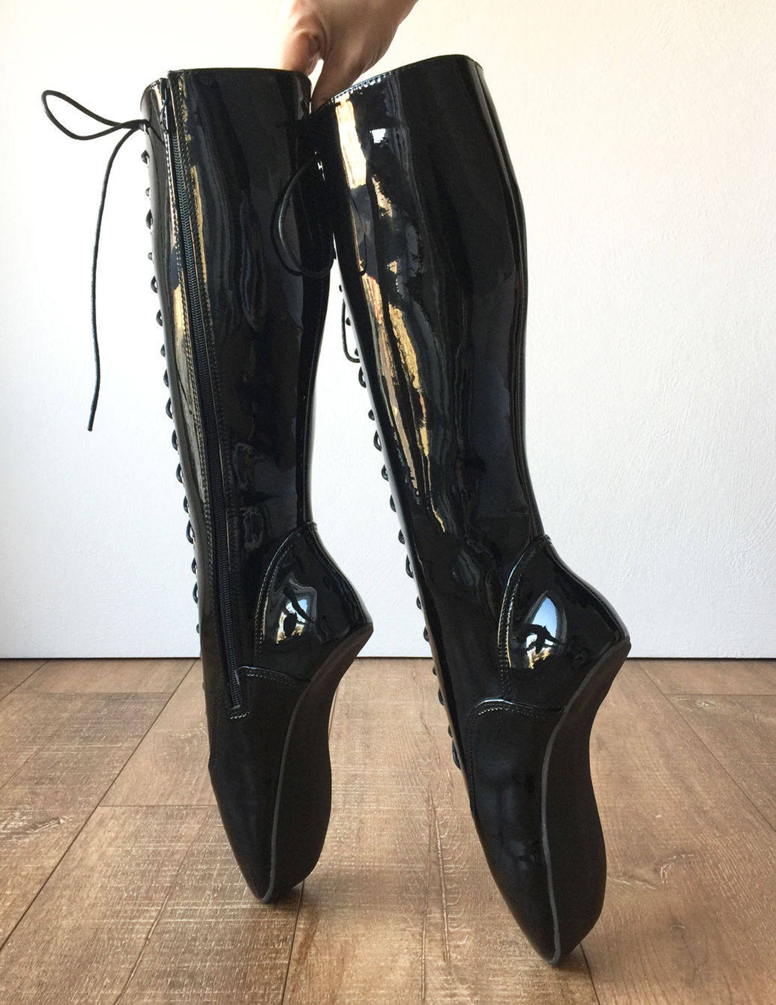 pointe (w/ zip) heelless lace up knee high ballet fetish pain boots black patent pointe (w/ zip) heelless lace up knee high ballet fetish pain boots black patent