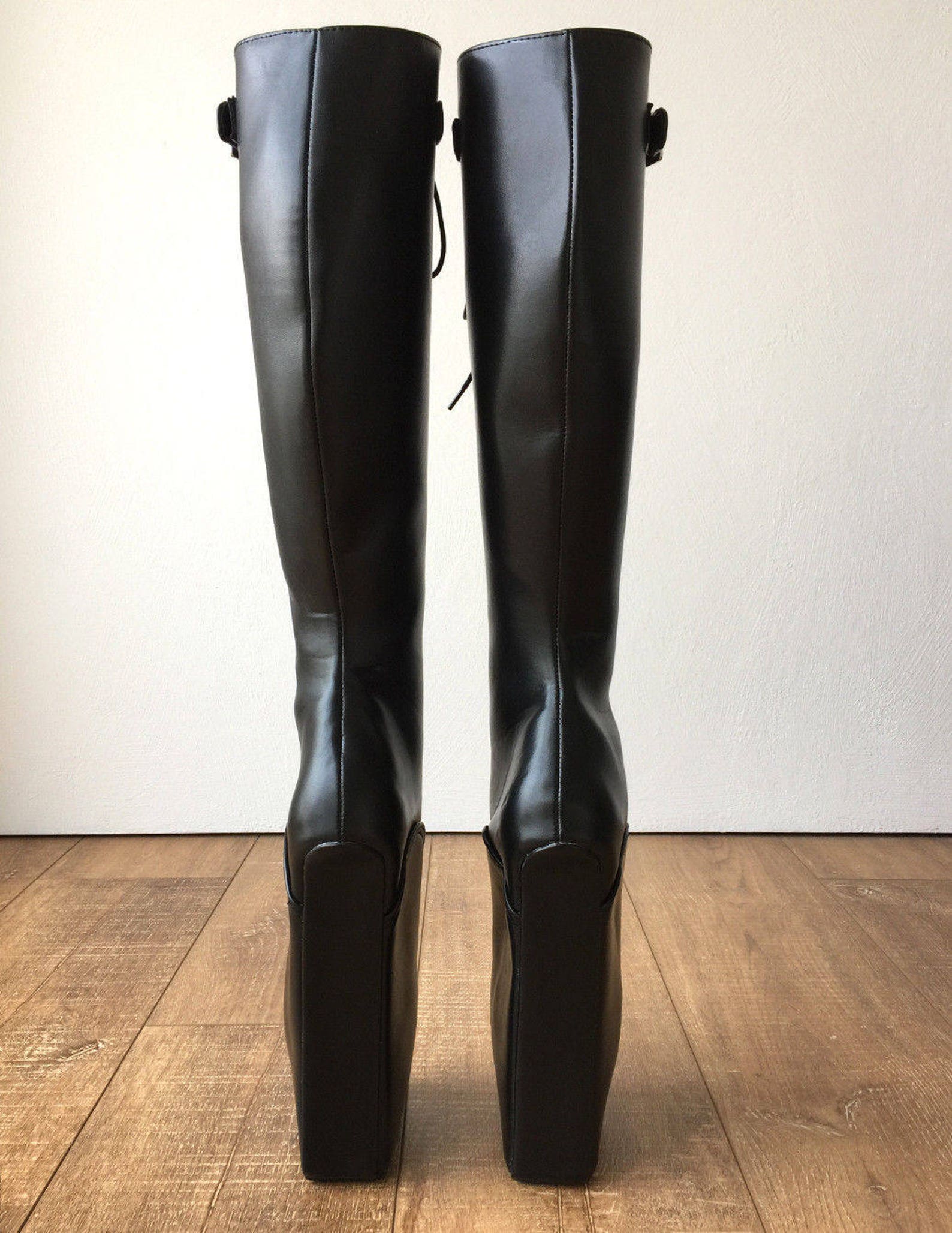 rtbu jason ballet wedge laceup knee hi boots hoof strap fetish dominatrix black