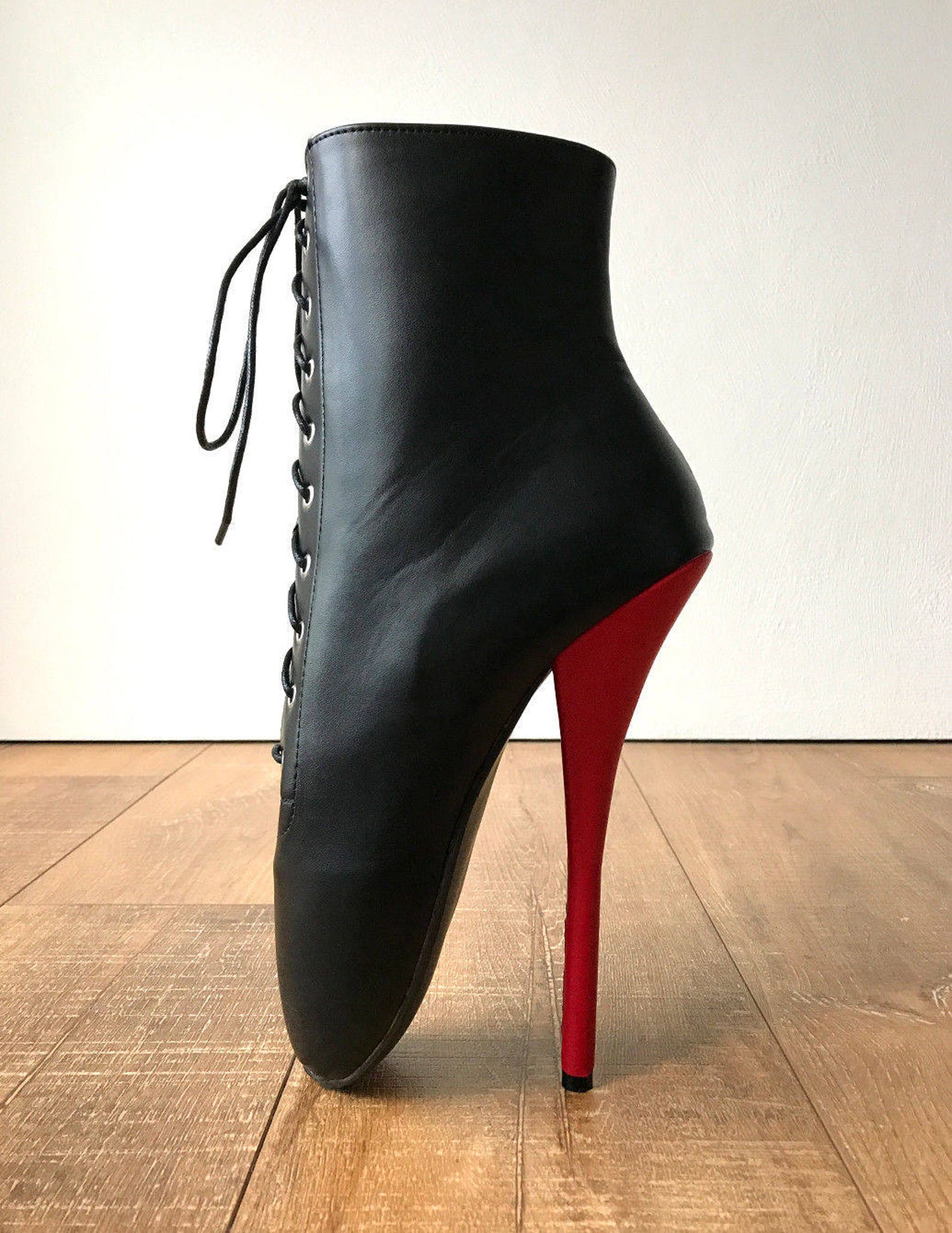 rtbu simona extreme fetish goth ballet laceup pvc boots black matte