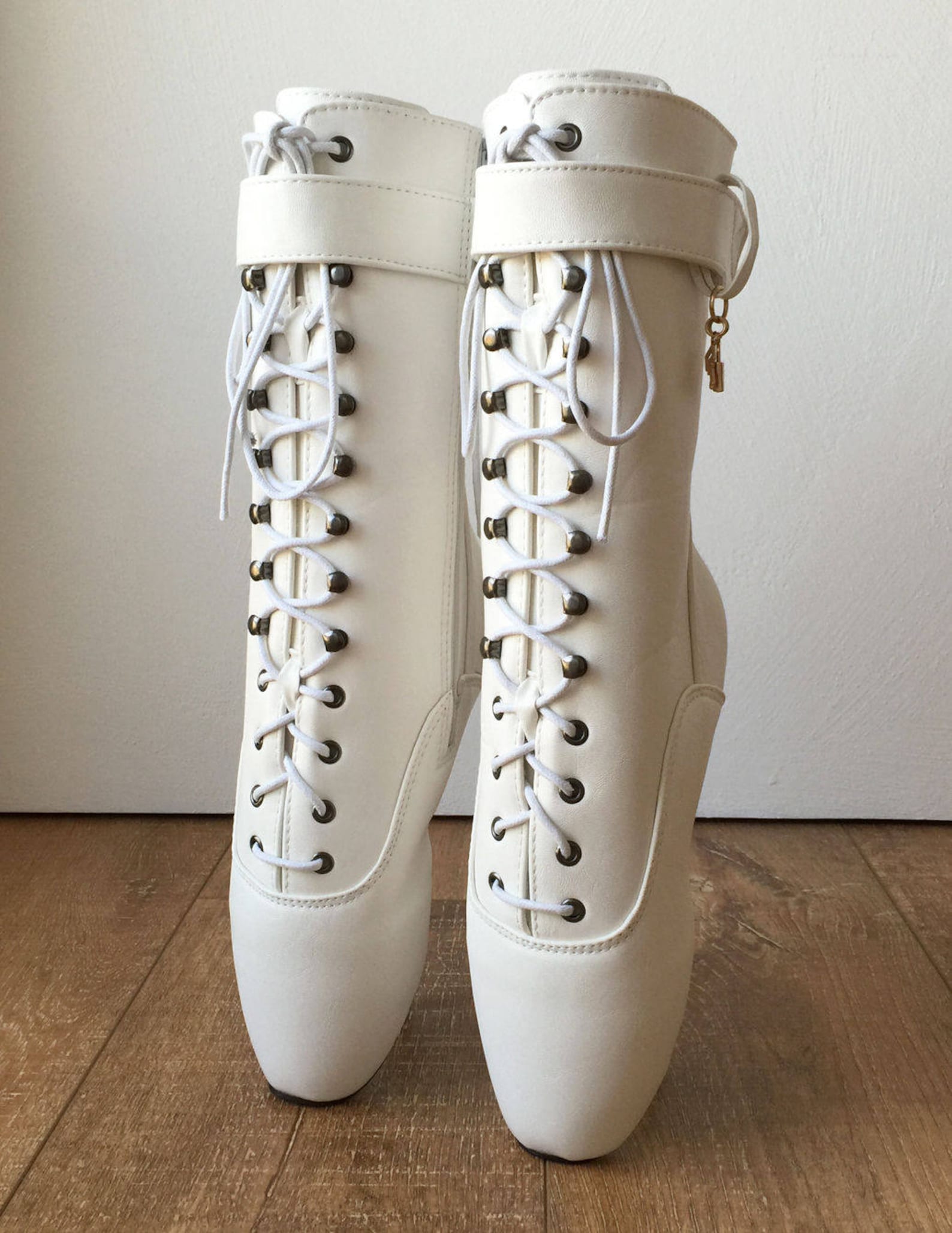 18cm fetish ballet pointe calf hi boot gold charm burlesque angel white matte