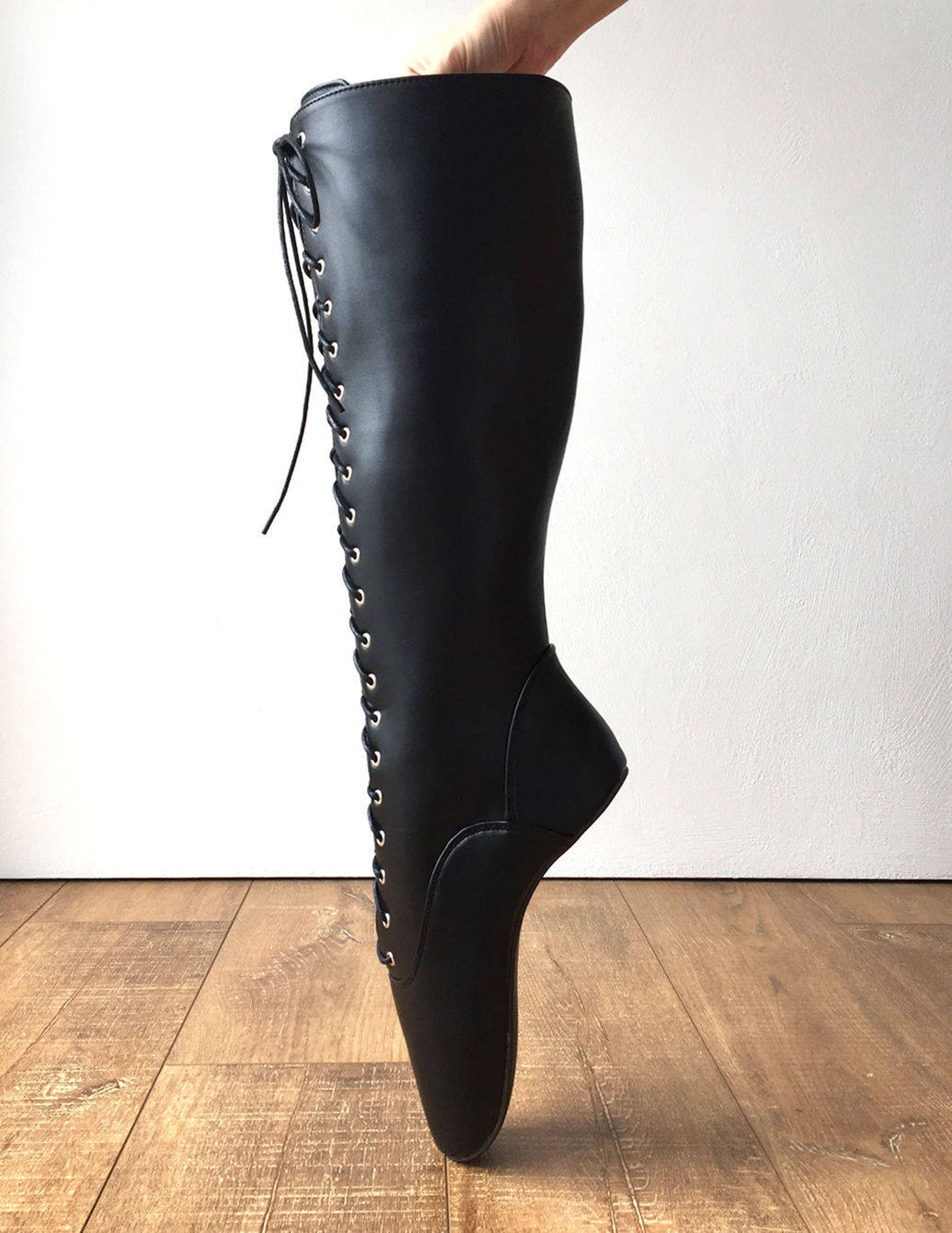 pointe (no zip) heelless lace up knee high ballet fetish pain boots black matte