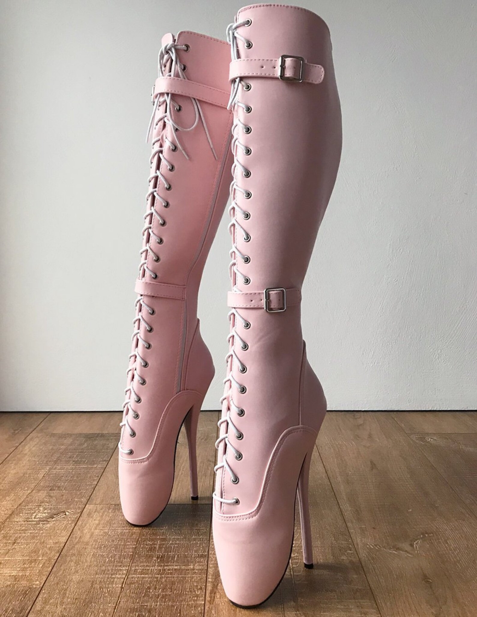 rtbu jessica lace up strap knee hi ballet stiletto fetish pain boots piggy pink matte