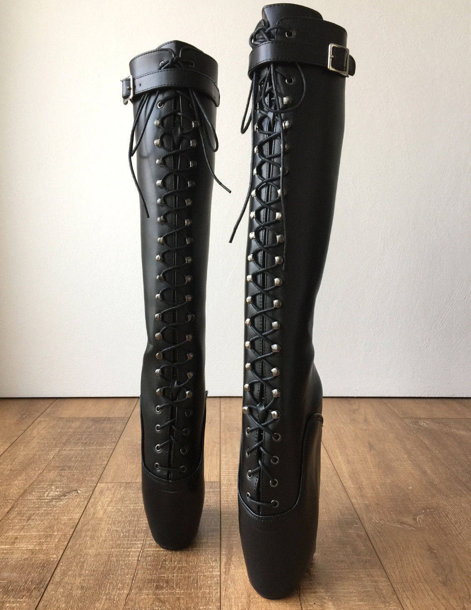 rtbu jason ballet wedge laceup knee hi boots hoof strap fetish dominatrix black