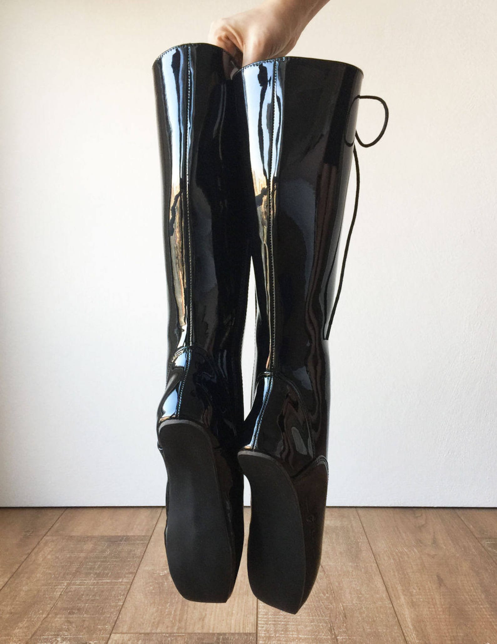 pointe (w/ zip) heelless lace up knee high ballet fetish pain boots black patent pointe (w/ zip) heelless lace up knee high ballet fetish pain boots black patent