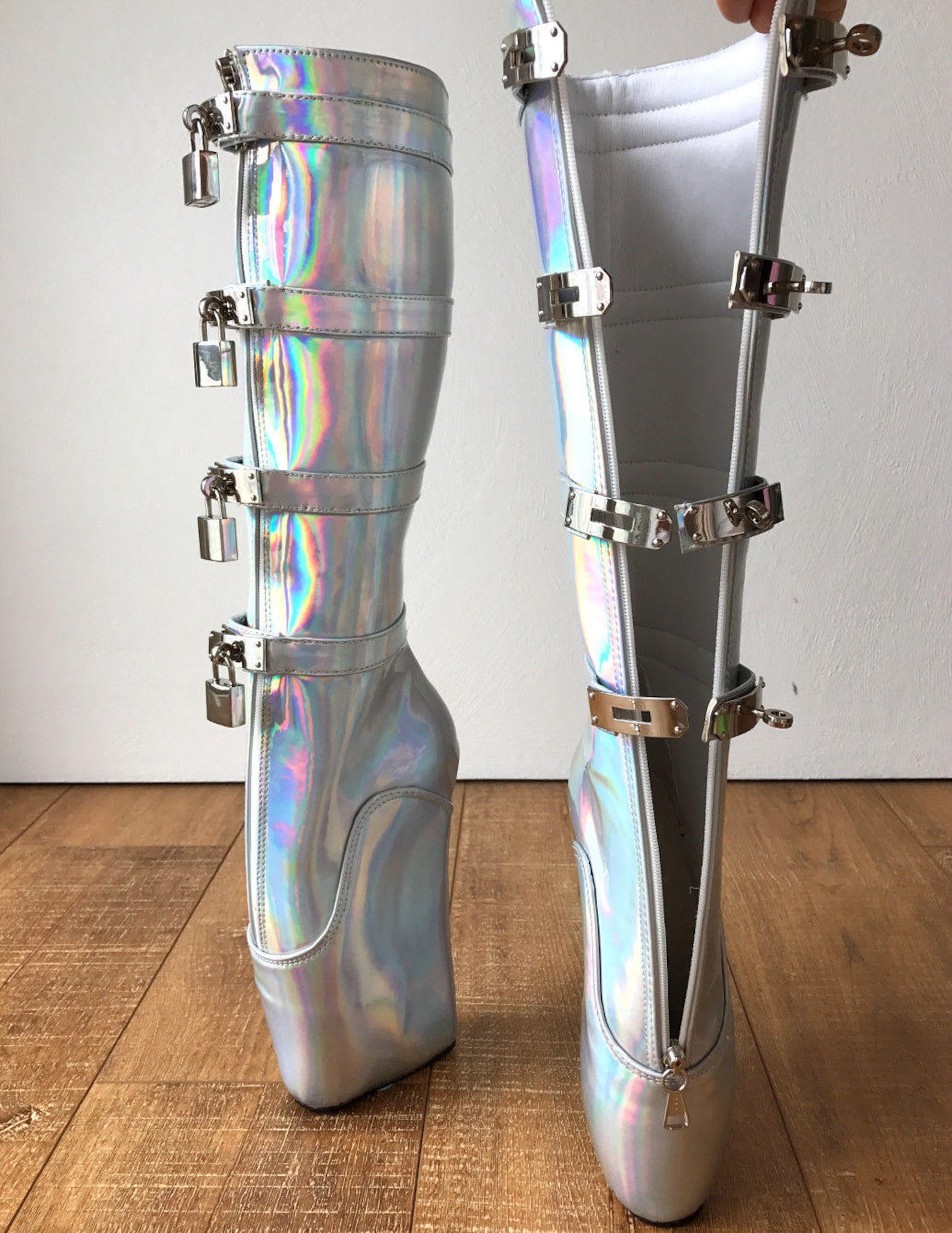 18cm diva lockable beginner ballet wedge boots hoof heelless fetish holographic 18cm diva lockable beginner ballet wedge boots hoof heelless fetish holographic