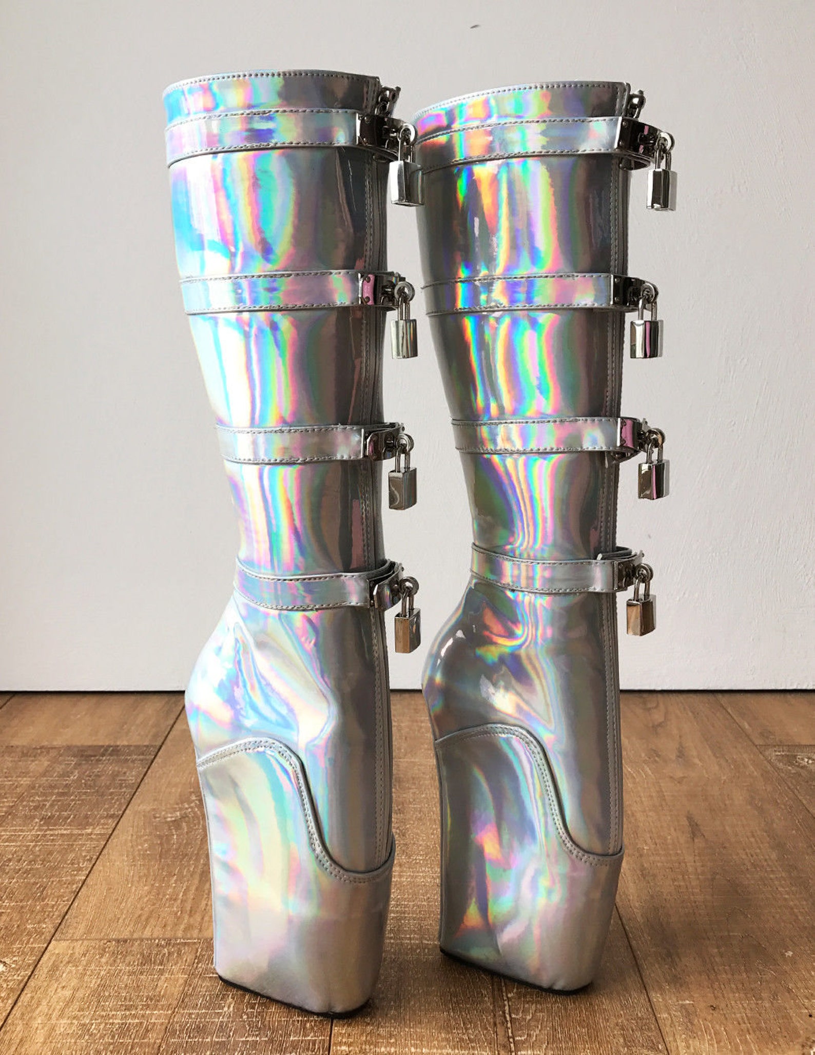 18cm diva lockable beginner ballet wedge boots hoof heelless fetish holographic 18cm diva lockable beginner ballet wedge boots hoof heelless fetish holographic