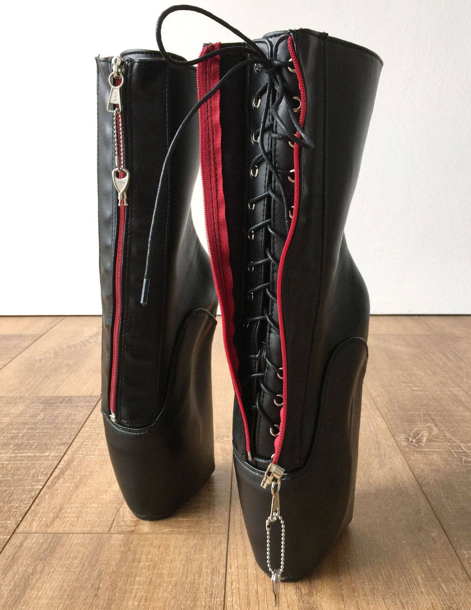 rtbu taboo red lockable zip ballet wedge hidden lace fetish hoof submissive boot