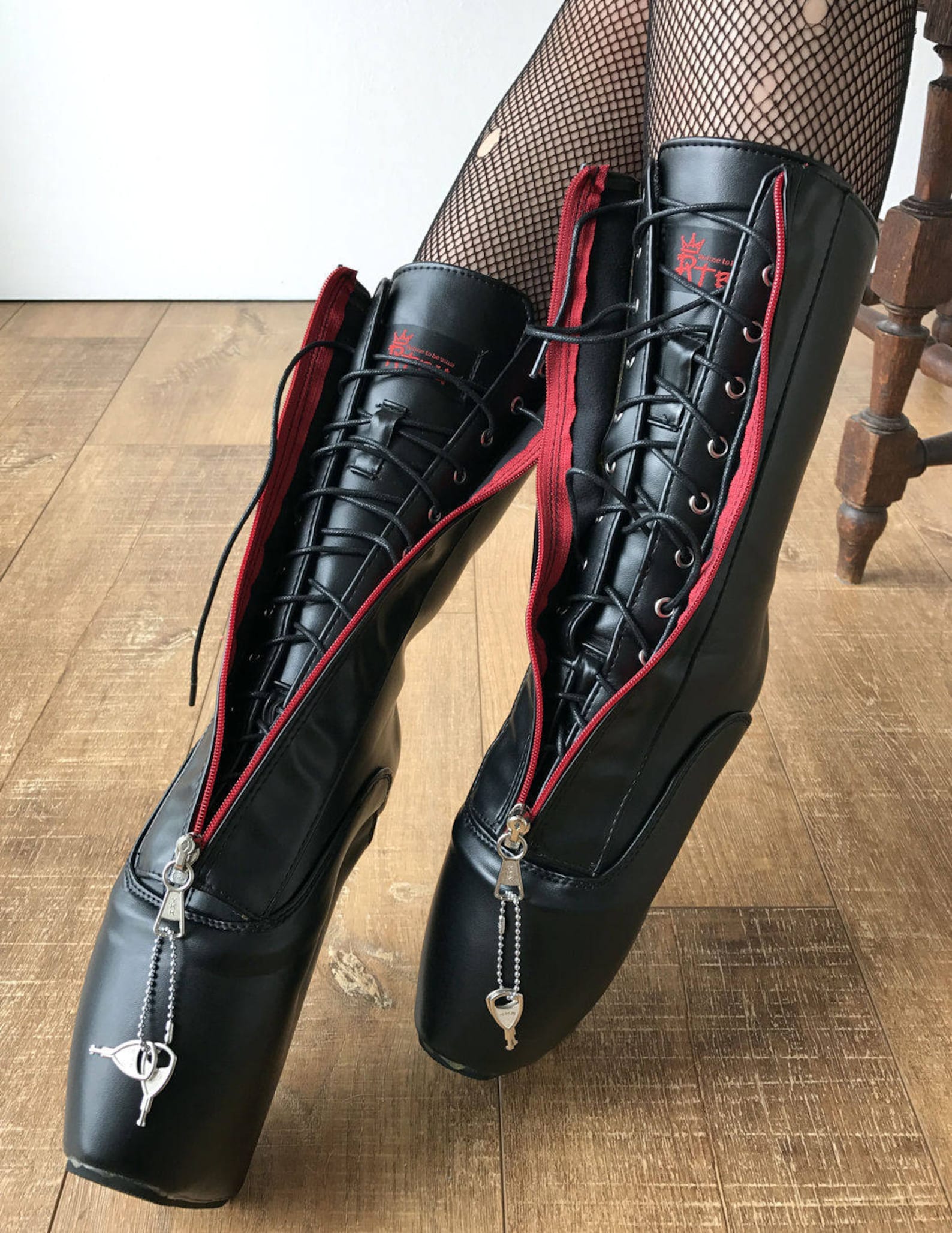 rtbu taboo red lockable zip ballet wedge hidden lace fetish hoof submissive boot