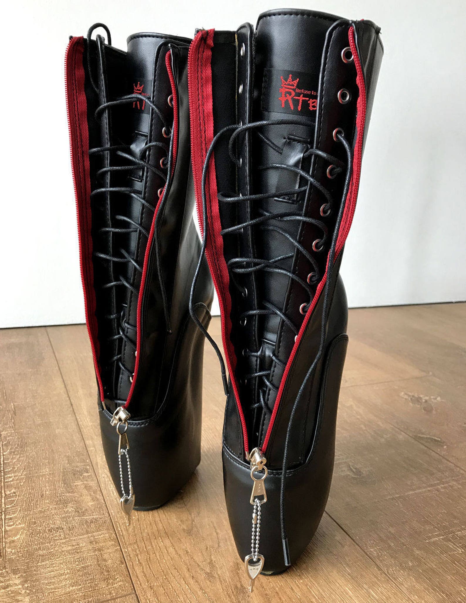 rtbu taboo red lockable zip ballet wedge hidden lace fetish hoof submissive boot