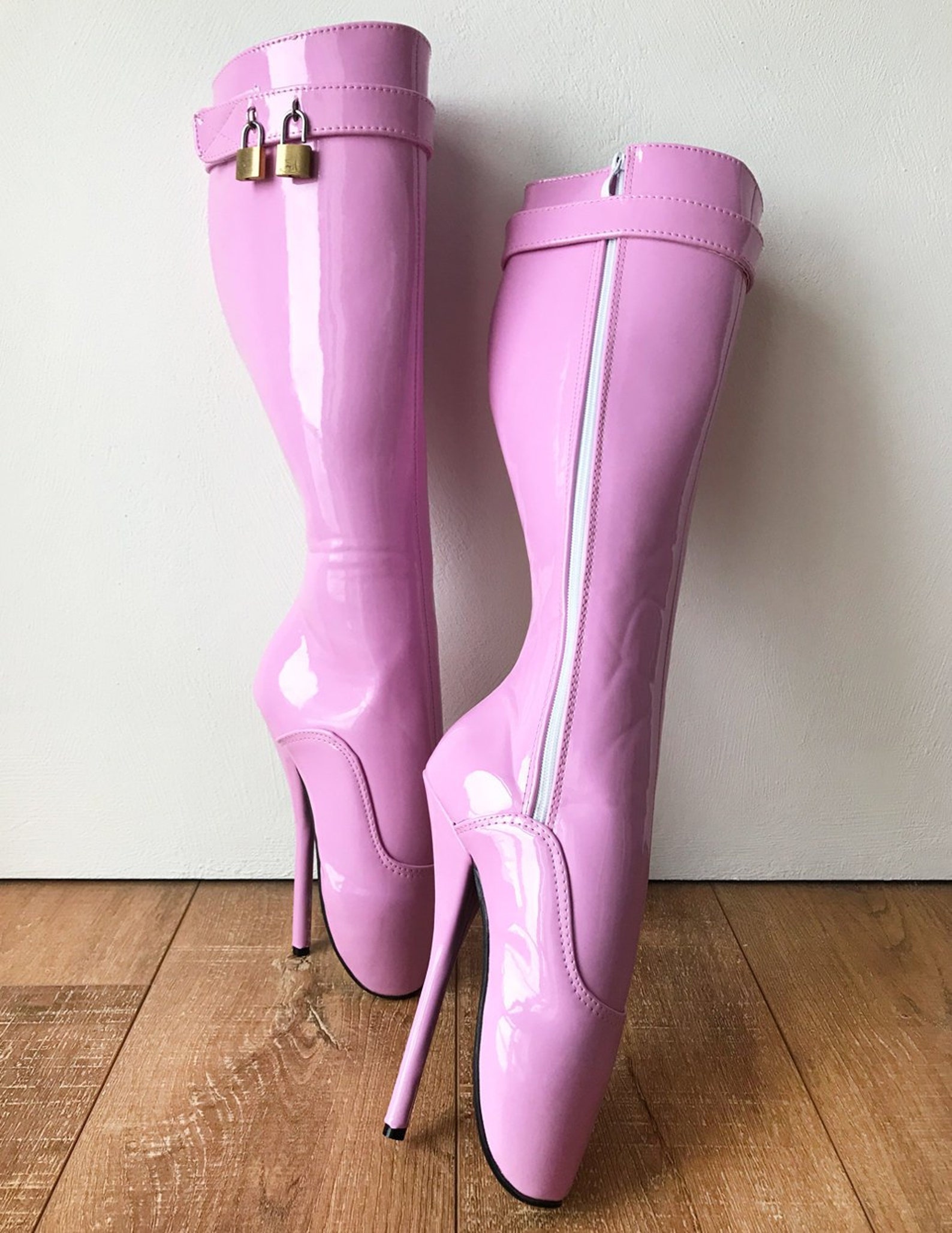 rtbu nico lace up knee hi padlock ballet fetish pain boots baby pink