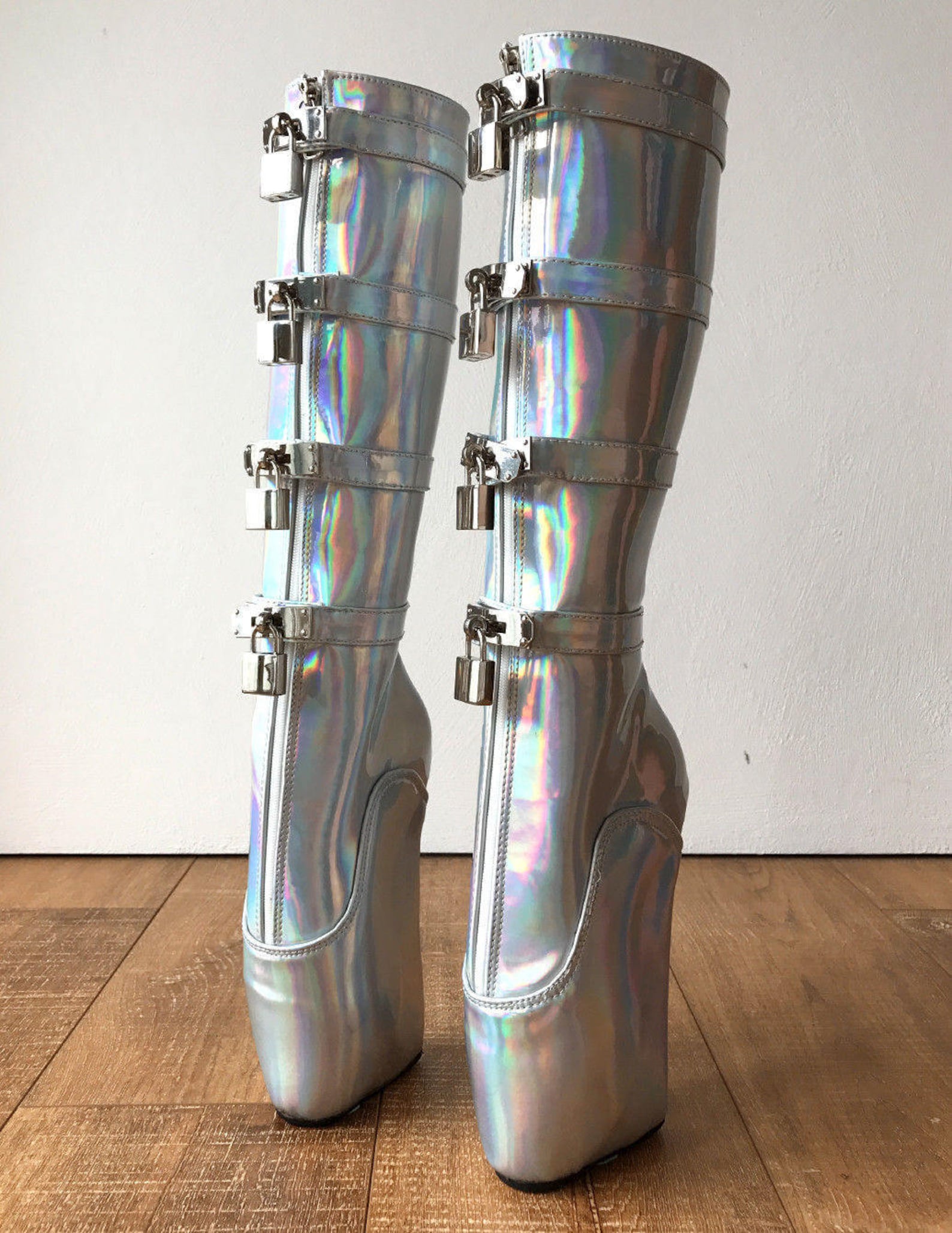 18cm diva lockable beginner ballet wedge boots hoof heelless fetish holographic