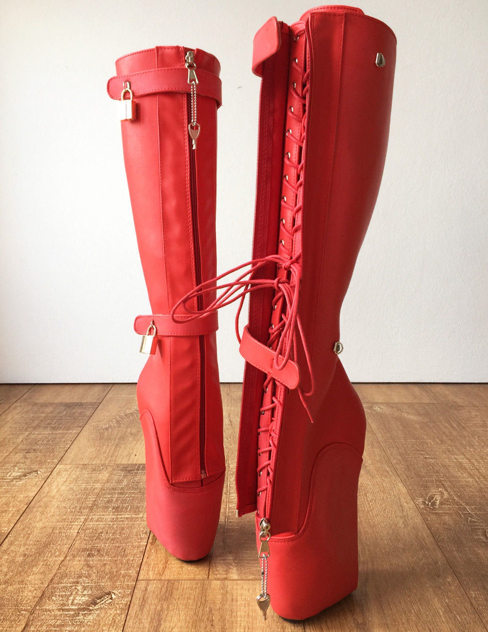 rtbu 6 keys locking zip beginner ballet wedge boots fetish dominatrix red matte