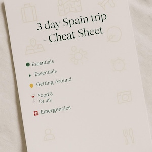 Może przedstawiać: Kremowa karta z zielonym tekstem "3 day Spain trip - Cheat Sheet". Karta zawiera ikony i punktorami dla niezbędnych rzeczy, poruszania się, jedzenia i picia oraz nagłych wypadków. Tło to neutralna tkanina.