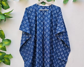 Handmade Indigo block Print Cotton Kaftan | Bohemian Kimono Style | V-Neck Maxi Dress with Tie-Waist