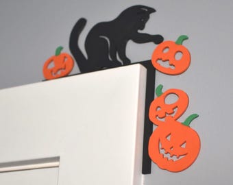 Decoração de Halloween para Moldura de Porta: Gato Preto e Abóboras Impressas em 3D