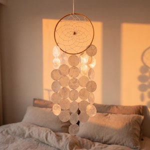 May include: A circular dreamcatcher featuring a light-colored wooden hoop with a woven web pattern. Suspended from the hoop are multiple vertical strands of translucent, circular shell discs that hang in a cascading arrangement below the frame.