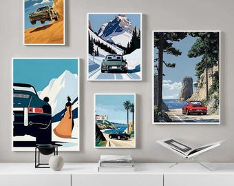 May include: Set of five framed art prints featuring vintage car illustrations. The prints depict cars in various scenic locations, including mountains, coastal roads, and desert landscapes. The color palette includes blues, greens, oranges, and browns.