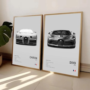 May include: Two framed prints of Bugatti cars. The left print shows a silver Chiron, and the right print displays a grey Divo. Each print includes the car's name, year, and specs, along with the French flag.