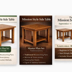 May include: Images of Mission Style Side Tables. The tables are made of wood and have a square top with vertical slats on the sides. The image includes text that says "Apprentice Plan Set" and "Master Plan Set".