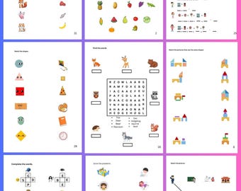 May include: A colorful educational worksheet for children with various activities. Includes matching animals to food, identifying fruits and vegetables, solving math problems, and matching shapes. Features illustrations and text.