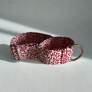 Op de afbeelding: Tweedelige hondenhalsbandenset met een rood en wit bladerpatroon. De halsbanden hebben zilverkleurige metalen hardware en zijn gemaakt van stof. De set is ontworpen voor een hond.
