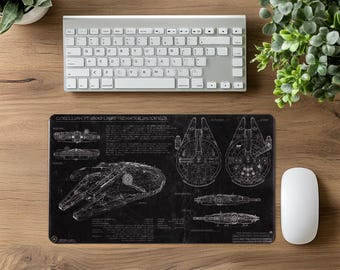 Alfombrilla de ratón negra con planos de Star Wars: alfombrilla de escritorio con esquema del carguero Millennium Falcon YT-1300, regalo tecnológico del Imperio Galáctico