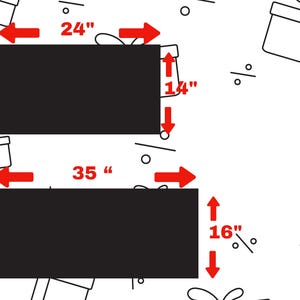 Puede incluir: Formas rectangulares negras con flechas de medici&oacute;n rojas. La forma superior mide 61 cm de ancho y 36 cm de alto. La forma inferior mide 89 cm de ancho y 41 cm de alto. Contornos de cajas de regalo blancas en el fondo.